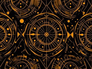 Flowers are arranged in a geometric pattern on a seamless modern background, enhanced with golden and black decorations.