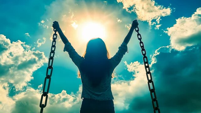 A young, Caucasian woman breaks chains against a bright sun backdrop, symbolizing freedom and empowerment. The setting evokes a sense of release and triumph during the day.