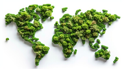 World map crafted from green trees on a white canvas symbolizing environmental conservation efforts