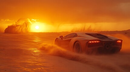 Obraz premium Sports car driving on desert road at sunset.