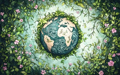 An artistic eco-friendly scene of a hand-drawn planet earth wrapped in green vines and blooming flowers, symbolizing care for the environment.