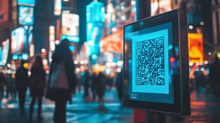 Digital signage with QR code on a vibrant city street at night.