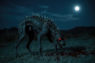 Sinister Chupacabra creature under a full moon in eerie landscape