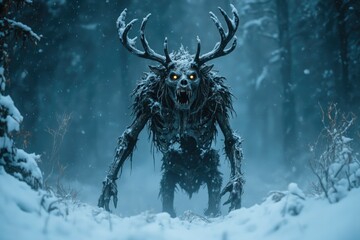 Mysterious wendigo creature in a snowy forest with glowing eyes