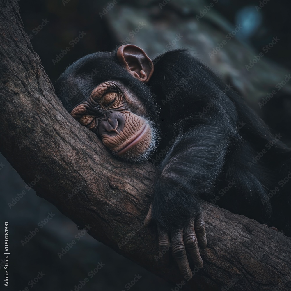 Poster A close-up view of a monkey sitting on a tree branch, looking directly at the camera