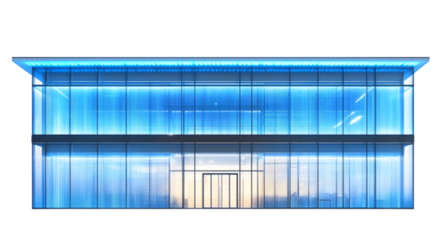 Glass wall of a modern business office building with blue light in city isolated on white background