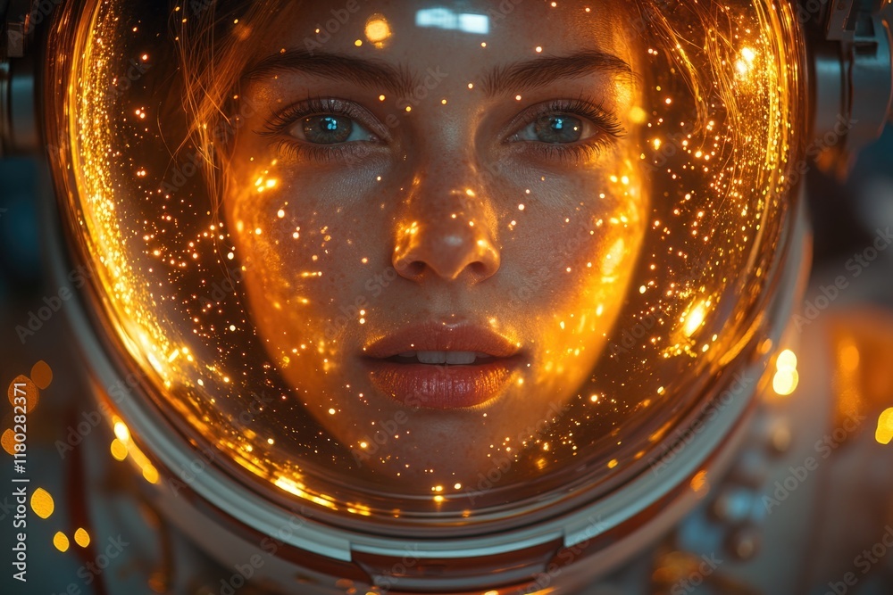 Poster A close-up view of a person wearing a space suit, suitable for science and technology related projects