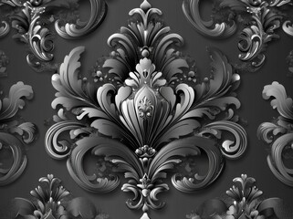 Seamless modern background with Baroque-inspired wallpaper. Displays white and black floral motifs. Excellent graphic pattern for fabric, wallpaper, or packaging. Elegantornate Damask flower design.