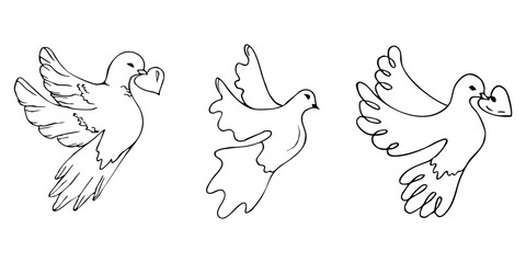 First communion celebration doves with heart symbols for invitations and cards. Set of Christian elements, catholic religion icons dove of peace. Hand drawn. Black and white vector illustration