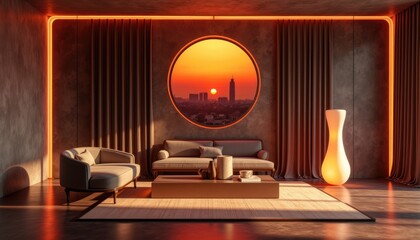 Modern art deco interior japandi living room with a large circular window that frames a city skyline at sunset.