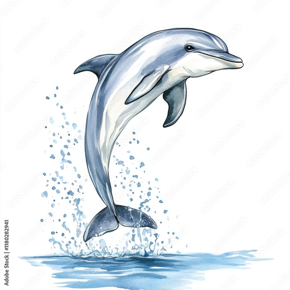 Poster a dolphin jumping out of the water, with sunlight and splashes creating a dynamic scene