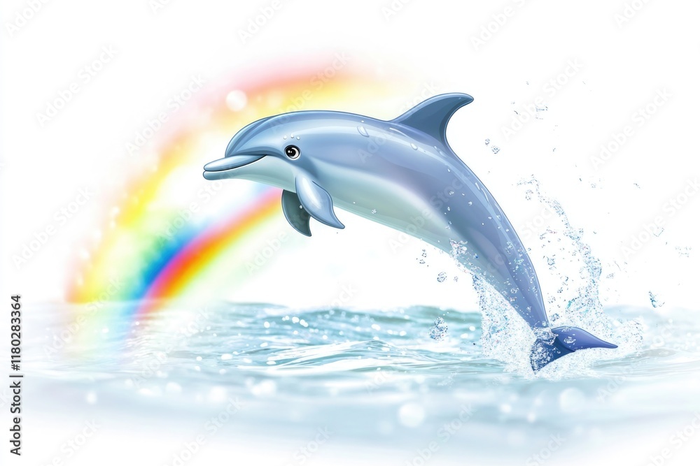 Poster a dolphin jumping out of the water with a colorful rainbow in the background