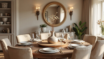 Dining table set with elegant decor in modern interior