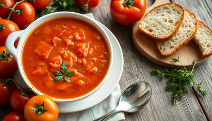 A bowl of fresh tomato soup garnished with herbs and served with bread, surrounded by vibrant vegetables. Perfect for creating a cozy and healthy meal setting.

