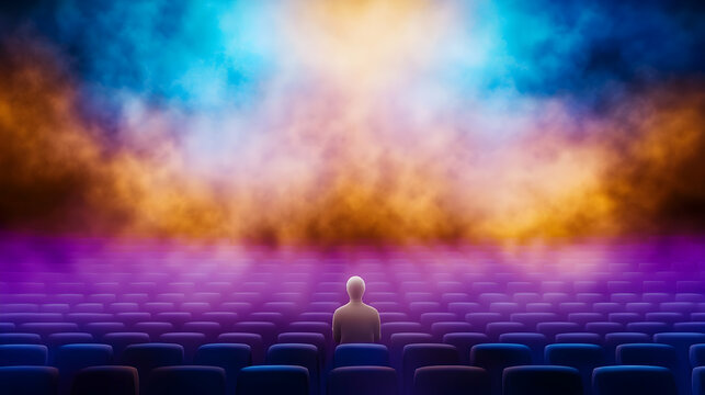 Lonely viewer in empty theater, colorful stage lights, anticipation, film premiere, entertainment industry.