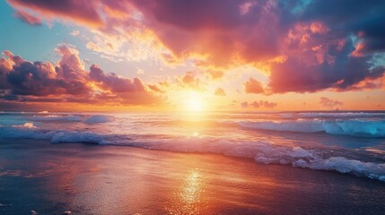 Vibrant ocean sunset beach wavescape, colorful sky