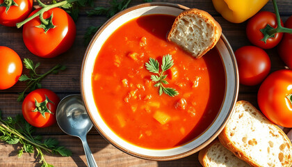 A bowl of fresh tomato soup garnished with herbs and served with bread, surrounded by vibrant vegetables. Perfect for creating a cozy and healthy meal setting.

