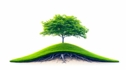 Lush green tree on grassy hill, roots visible, isolated on white; environmental conservation, sustainability concept.