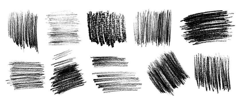 Set of black charcoal and pencil hatchings on rough textured granulated white paper. Vector illustration of brushes, textured spots, hand drawn in sweeping handwriting of varying density.