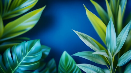 Lush tropical leaves frame a vibrant blue background, ideal for product displays or website banners.