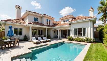 Fototapeta premium Luxurious villa with swimming pool and outdoor seating area