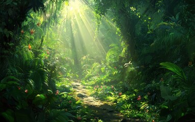 Obraz premium A dense jungle with sunlight streaming through the thick canopy, illuminating vibrant green plants