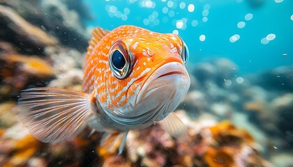 A close-up of a vibrant orange fish swimming in a coral reef.