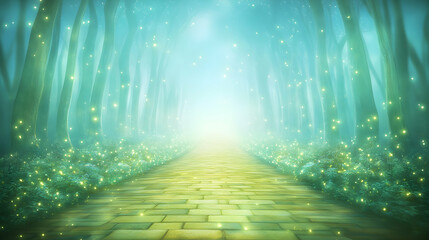 Magical yellow brick road through enchanted forest, glowing fireflies, mystical background, fantasy illustration, perfect for fairytale book covers or whimsical websites.