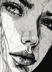 Scratchy pen strokes, blind contour, fisheye perspective closeup, beautiful girl, s face in darkness, stark hatch shaded sketchy scribbly, ink, strong angular shapes, woodcut shading, pen strokes, pou