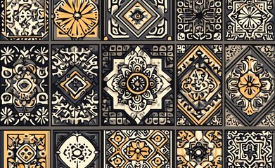 A decorative print featuring a geometric flower pattern on a seamless modern background, enhanced with gray and beige hues. Perfect for fabric, wallpaper, and packaging as an ornament.