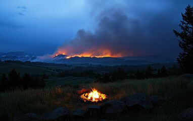 Fototapeta premium A glowing campfire in the foreground with an ominous wildfire visible in the distance
