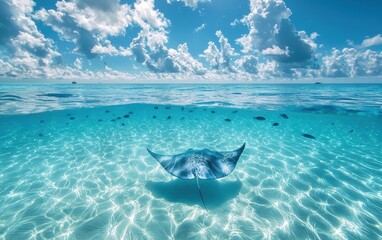 Fototapeta premium A graceful manta ray gliding through the clear blue ocean with schools of fish swimming nearby