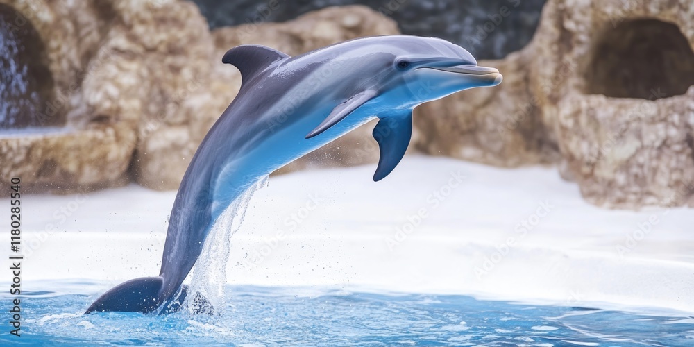 Poster a dolphin leaps out of the ocean's surface in a dynamic motion, capturing the moment of freedom and 