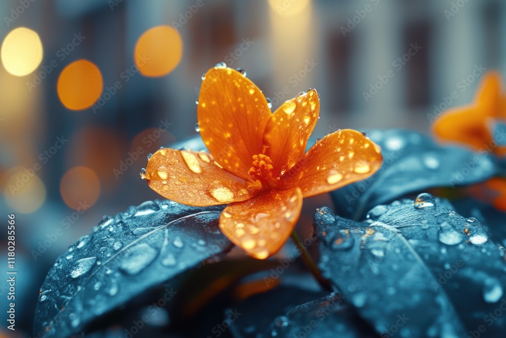 Poster A detailed view of a flower with tiny water droplets glistening on its surface, perfect for using as a background or adding to a still life composition