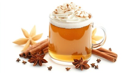 Delicious hot beverage topped with whipped cream, cinnamon, and star anise, perfect for cozy winter days. Isolated on white.