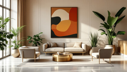 Modern art deco interor living room with a large abstract painting on the wall, two white sofas, two armchairs, and a coffee table.
