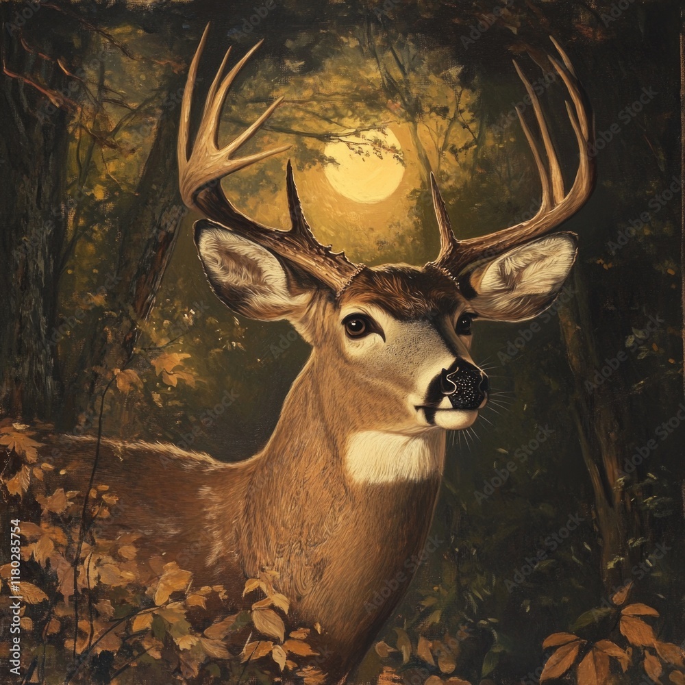 Poster a deer standing in a forest surrounded by trees