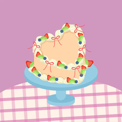 Vanilla heart shaped cake with added strawberries, blueberries and kiwi for Valentine's Day, weddings, birthdays and anniversaries.