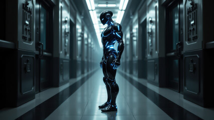 Fototapeta premium Intelligent robot standing on hallway.