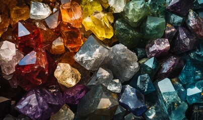 Close up of a bunch of colorful gems. The gems are of various colors and sizes, and they are arranged in a way that creates a sense of depth and texture.