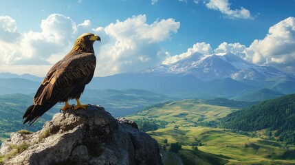 Fototapeta premium Majestic Eagle Perched on a Mountaintop Overlooking a Valley
