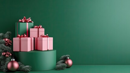 Green and pink Christmas gifts arranged with a decorative podium on a green background