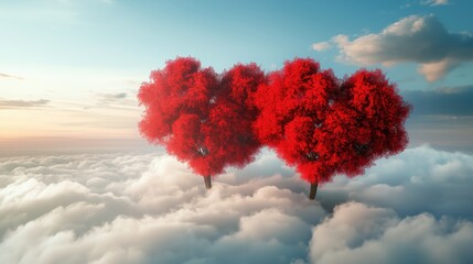 Naklejka premium Dwie czerwone korony drzew splecione w serce wyrastają ponad chmurami, jakby zawieszone w niebie. 