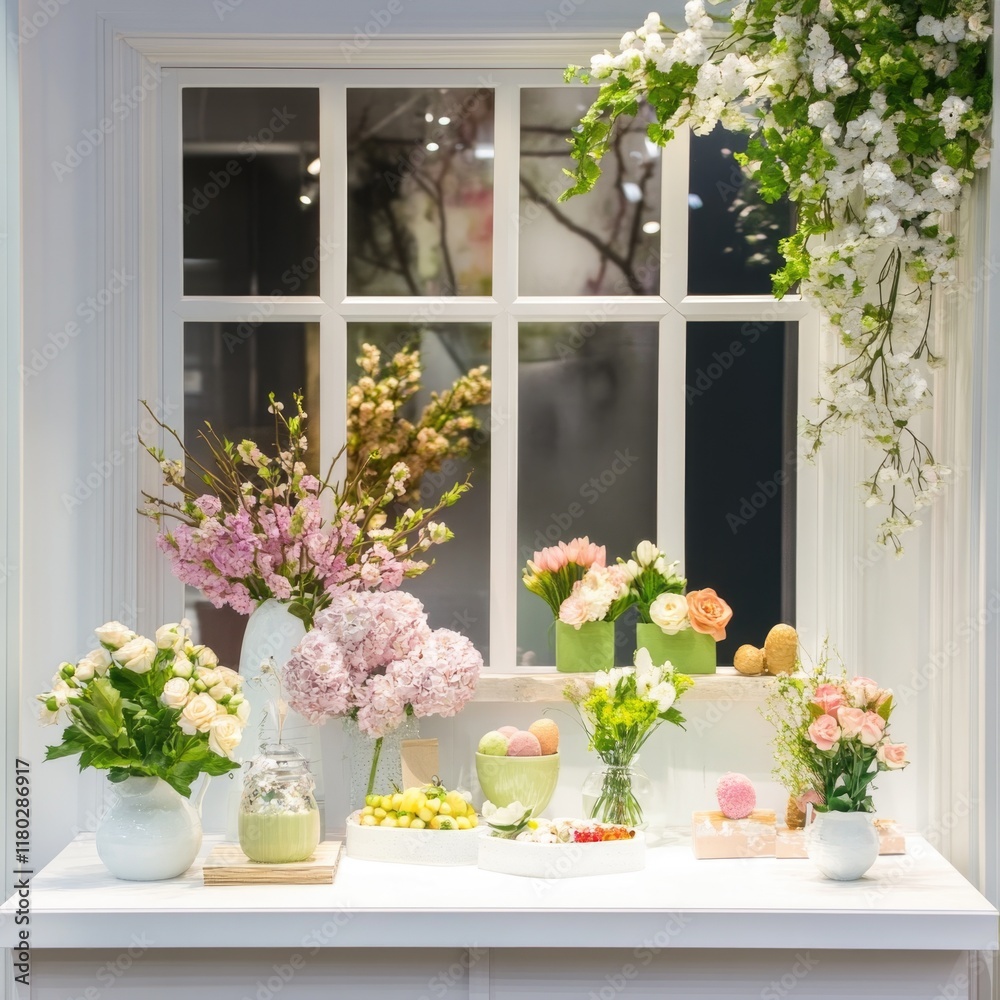 Poster a decorative table setting with vases filled with flowers