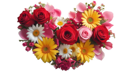 Heart made of flowers isolated on transparent or white background, valentine's day or wedding flowers love wreath, png