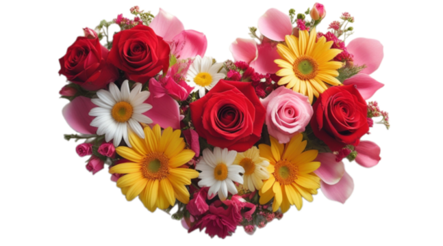 Heart made of flowers isolated on transparent or white background, valentine's day or wedding flowers love wreath, png