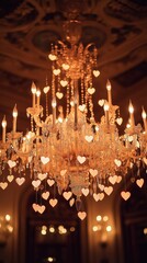 An elegant chandelier adorned with tiny Valentine&rsquo;s hearts, glowing in a grand ballroom