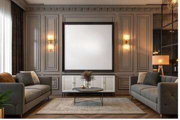 3D-Rendered Frame Mockup Set Against a Modern Classic Living Room Background. Perfect for Showcasing Art Prints, Interior Styling Concepts, and Elegant Decor Marketing.