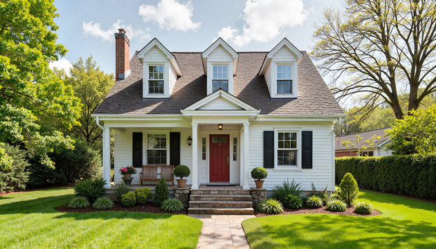 Charming white house with red door and lush garden