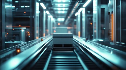 Zaawansowany system taśmociągów w nowoczesnej fabryce, gdzie pudełko przesuwa się wzdłuż stalowej taśmy transportowej.